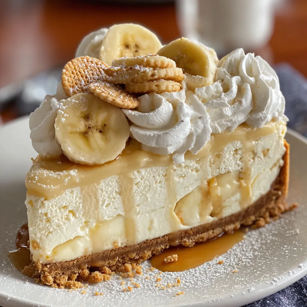 Ein Stück Banana Pudding Cheesecake mit Bananen, Walnüssen und Schokolade auf einem weißen Teller.