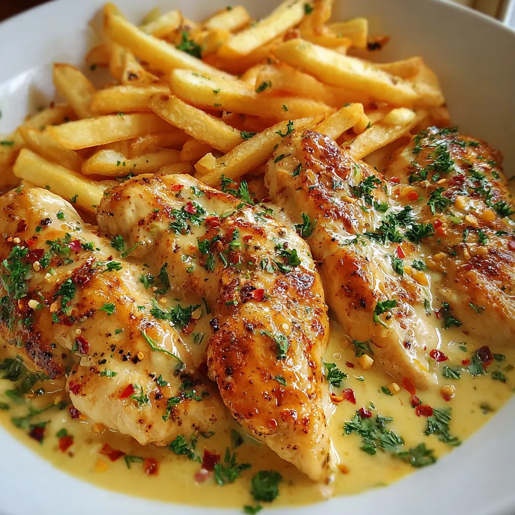 Ein Bild von einer Schüssel mit Chicken, Fritten und Sauce.