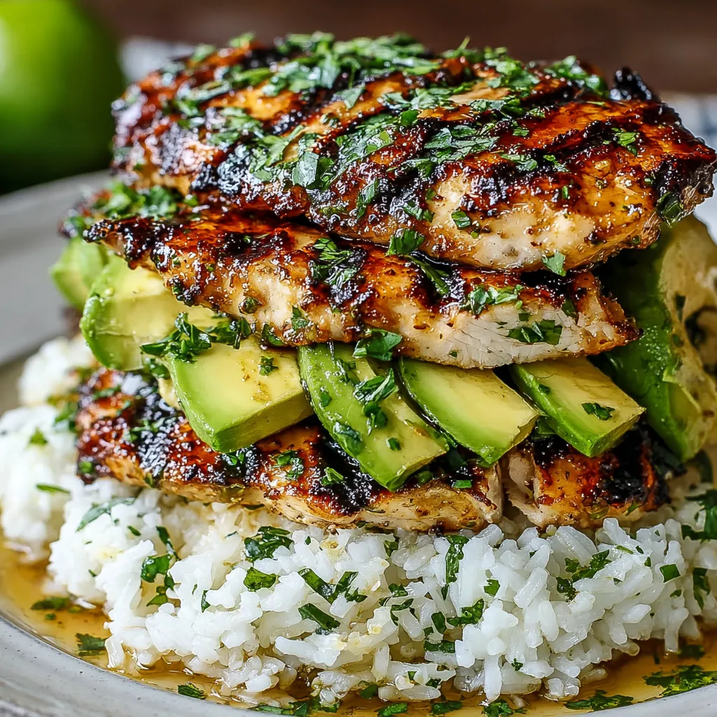 Ein Stapel von Hühnchen, Avocado, Reis und Limetten.
