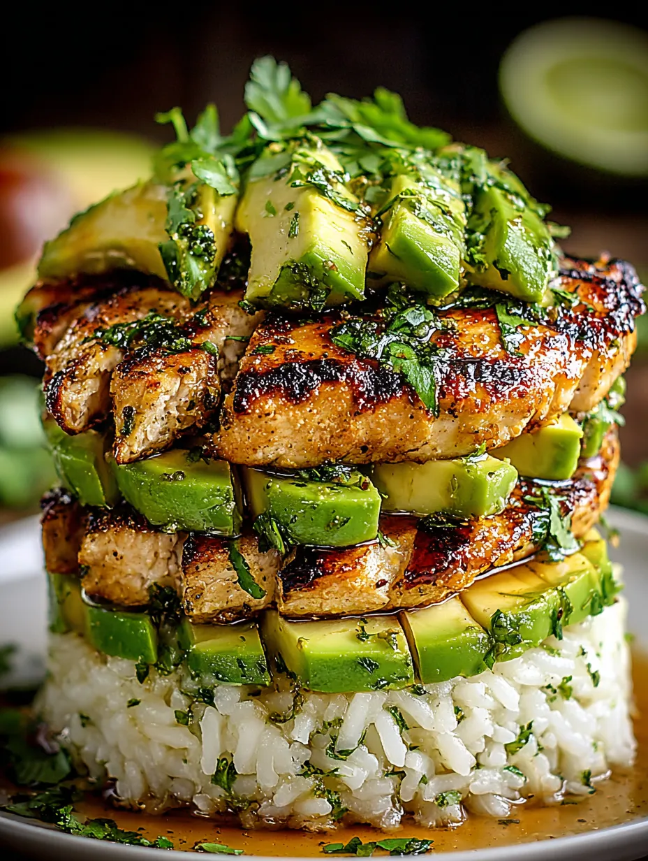Ein Stapel von Honig-Limetten-Hühnchen-Avocado-Reis.