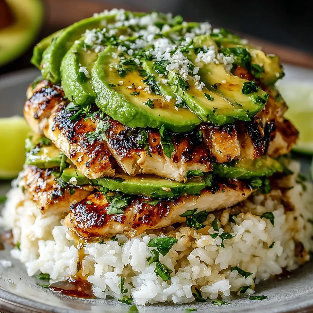 Ein Stapel aus Hühnchen, Avocado, Reis und Limetten.