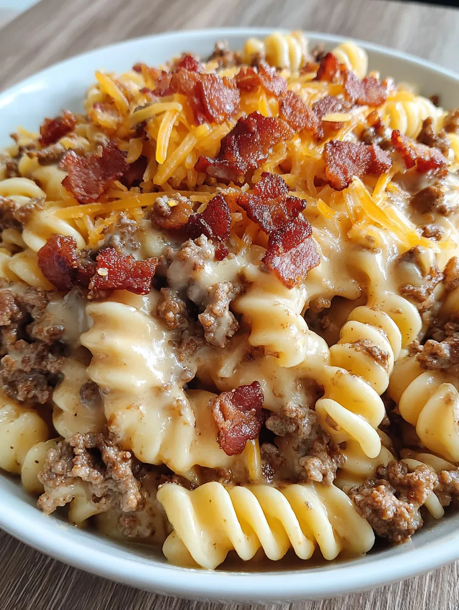 Ein Bild von einer Pasta mit Bacon und Käse, die in einem weißen Teller serviert wird.