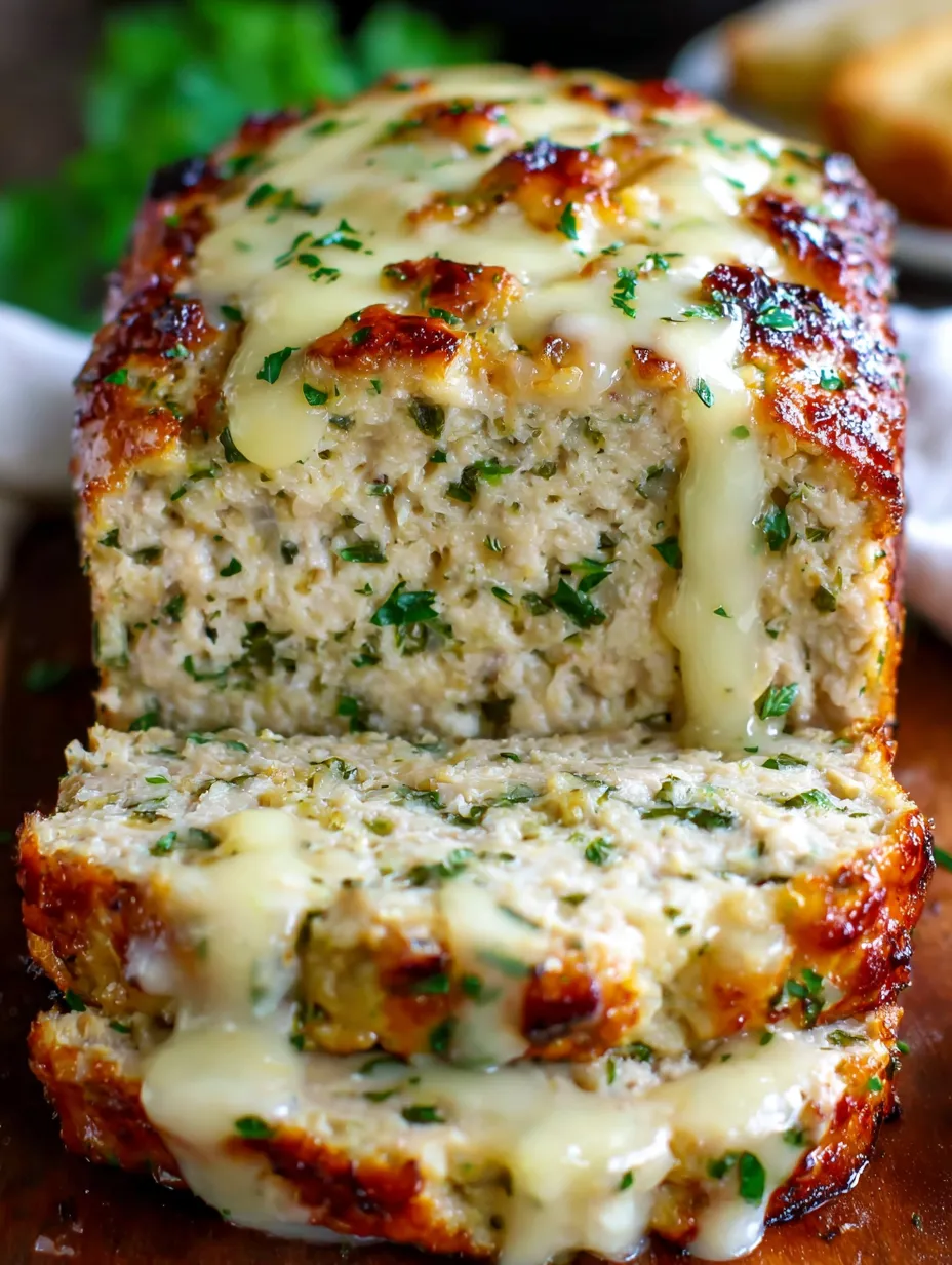 Ein Stück Garlic Parmesan Chicken Meatloaf mit grünen Zwiebeln darauf.