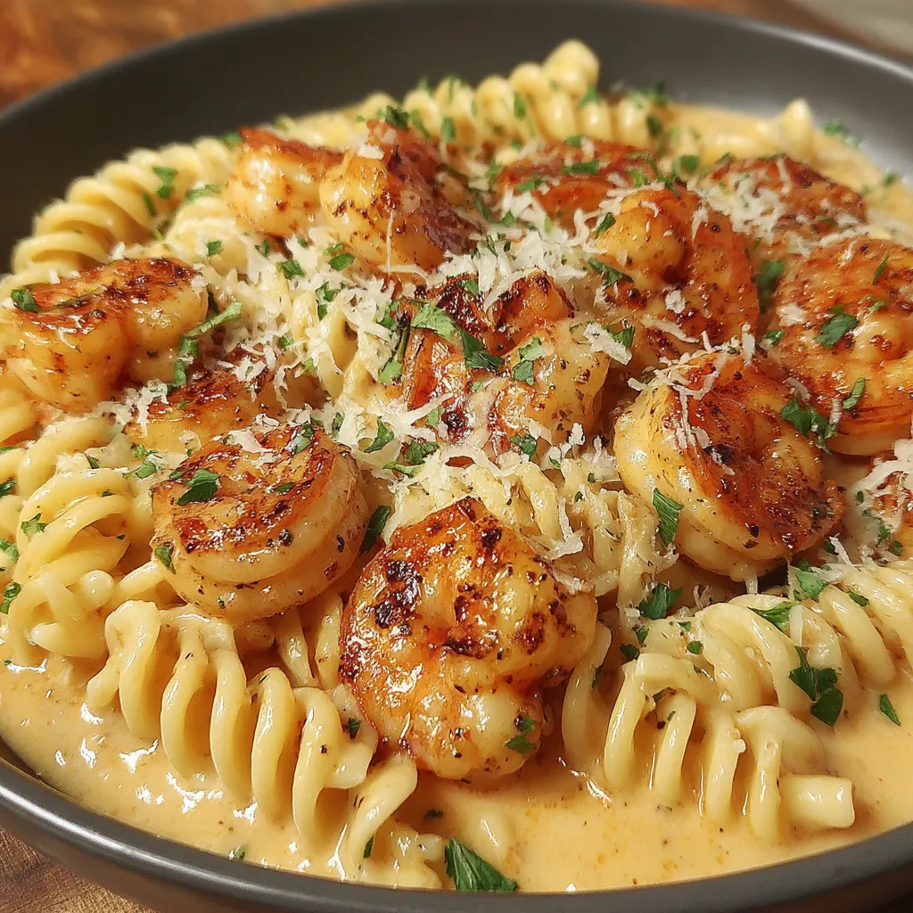 Ein Schälchen mit Pasta und Shrimp, die in einer cremigen Cajun-Sauce getaucht sind.