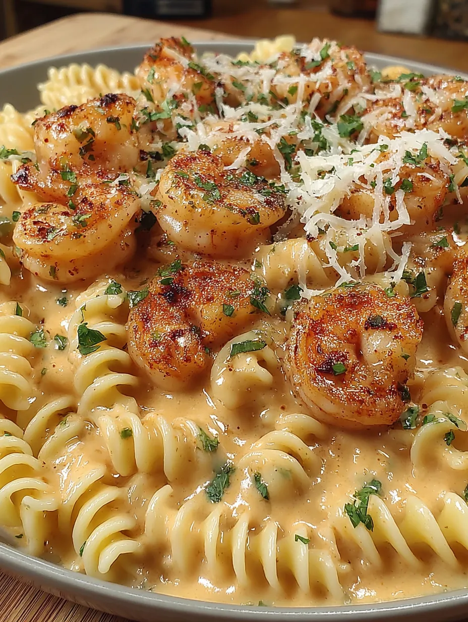 Eine Schüssel mit Pasta, die mit Shrimp und Creamy Cajun Sauce garniert ist.