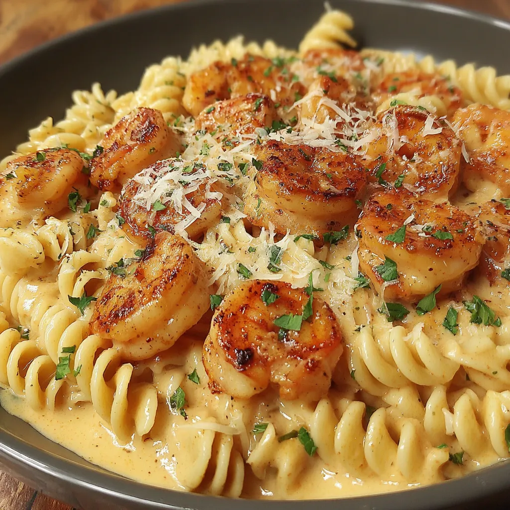 Ein Bild von einer cremigen Cajun-Shrimp-Pasta, die in einem Schüssel oder einem Topf serviert wird. Die Pasta ist mit Shrimp, Zwiebeln und Kräutern garniert und bietet einen köstlichen Geschmack.