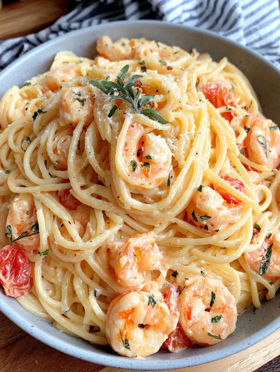 Ein Bild von Spaghetti mit Garnelen in Frischkäsesauce.