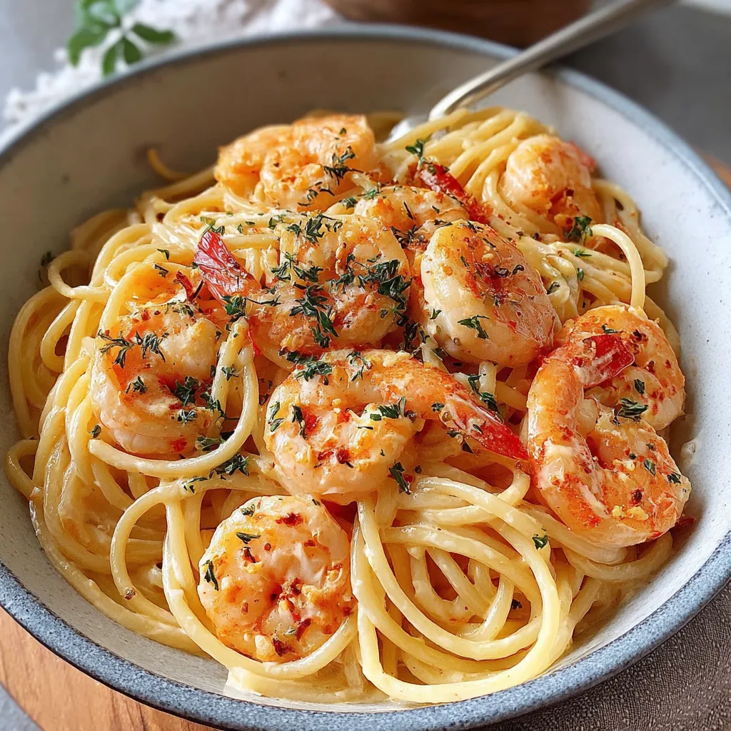 Ein Schälchen mit Spaghetti und Garnelen in Frischkäsesauce.