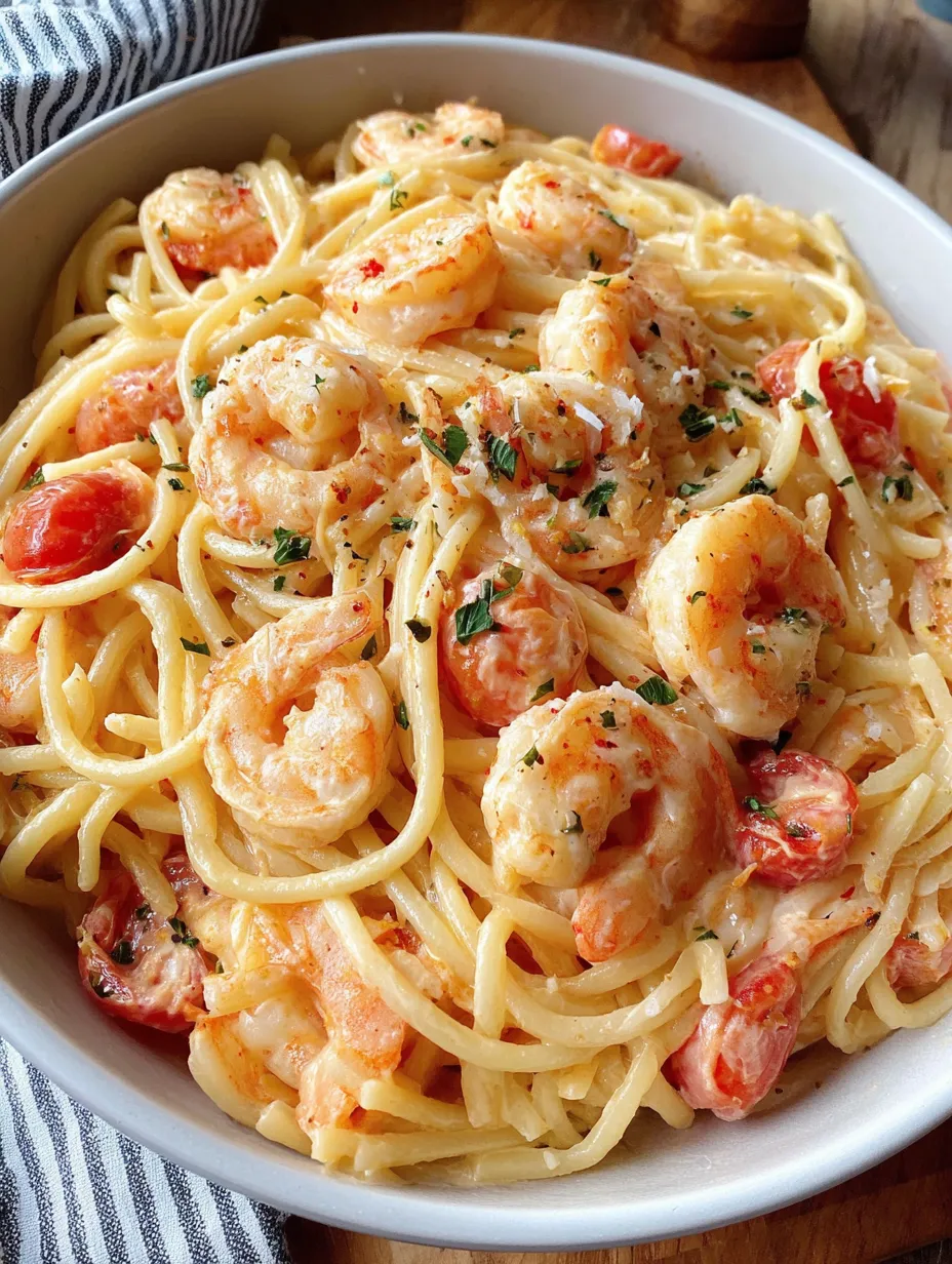 Ein weißer Teller mit Spaghetti und Garnelen in Frischkäsesauce.