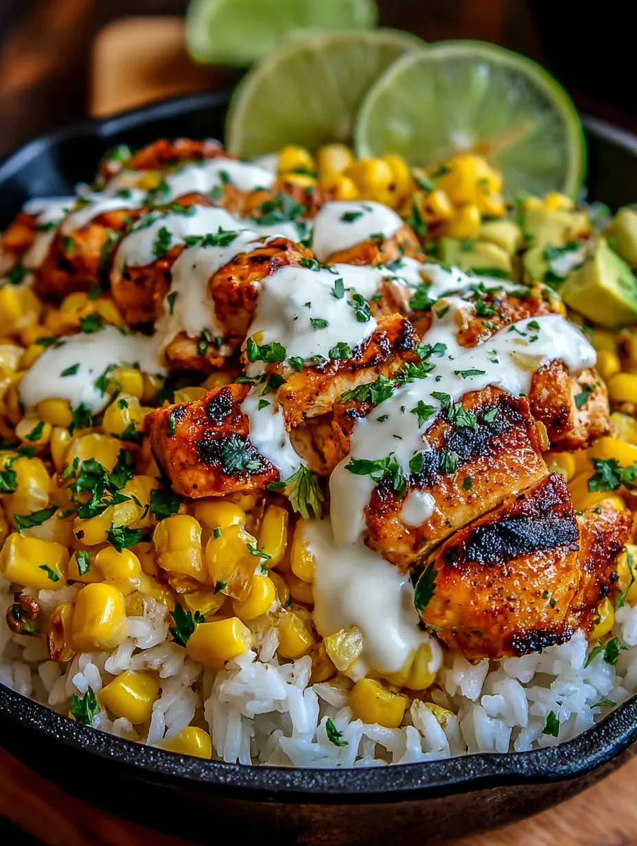 Ein Street Corn Chicken Rice Bowl mit verschiedenen Zutaten wie Avocado, Lime, Koriander, Rice, Chicken und Ka.
