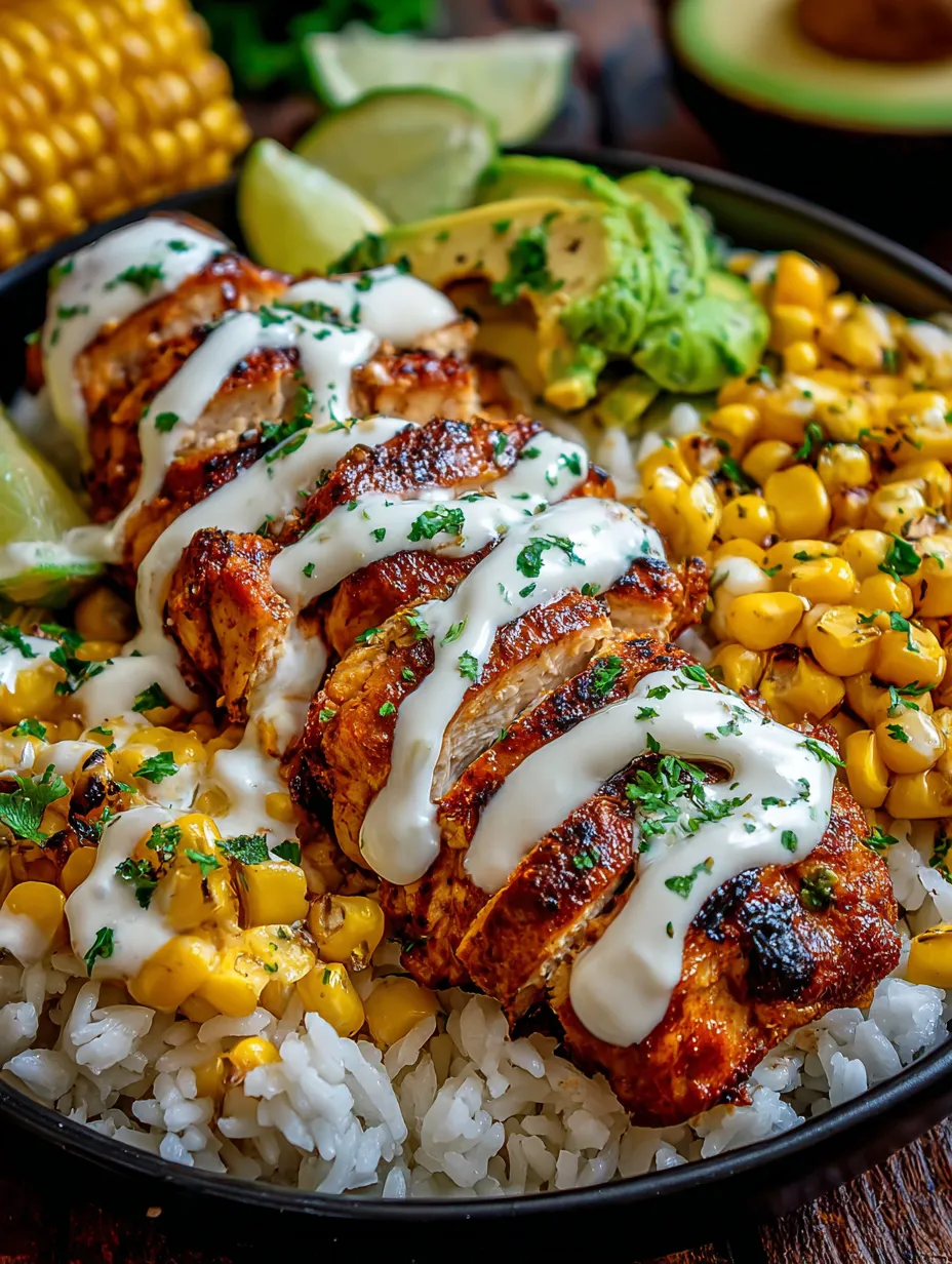 Ein Street Corn Chicken Rice Bowl mit verschiedenen Zutaten wie Avocado, Lime, Koriander, Rice, Chicken und Ka.