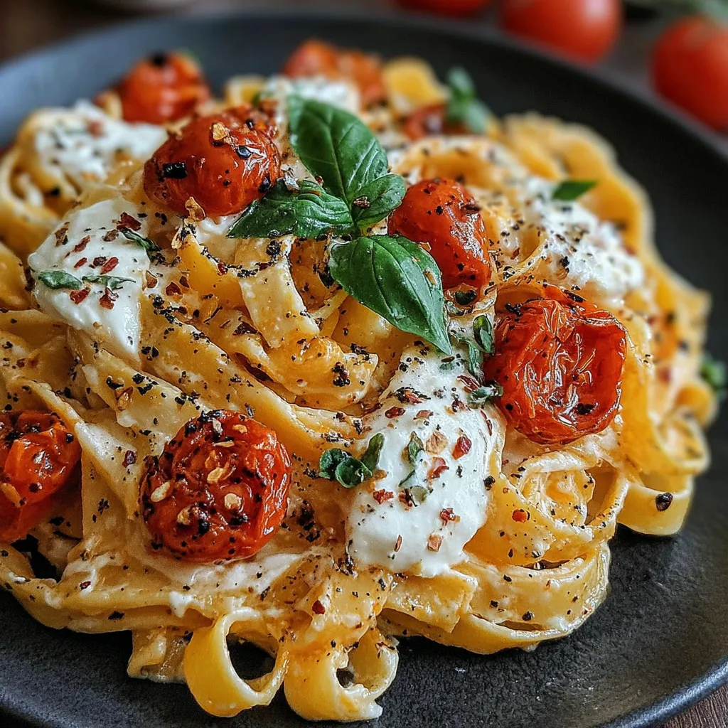Einführung in die cremige Burrata-Pasta: Eine Platte mit Pasta, die mit Tomaten, Basilikum und Käse garniert ist.