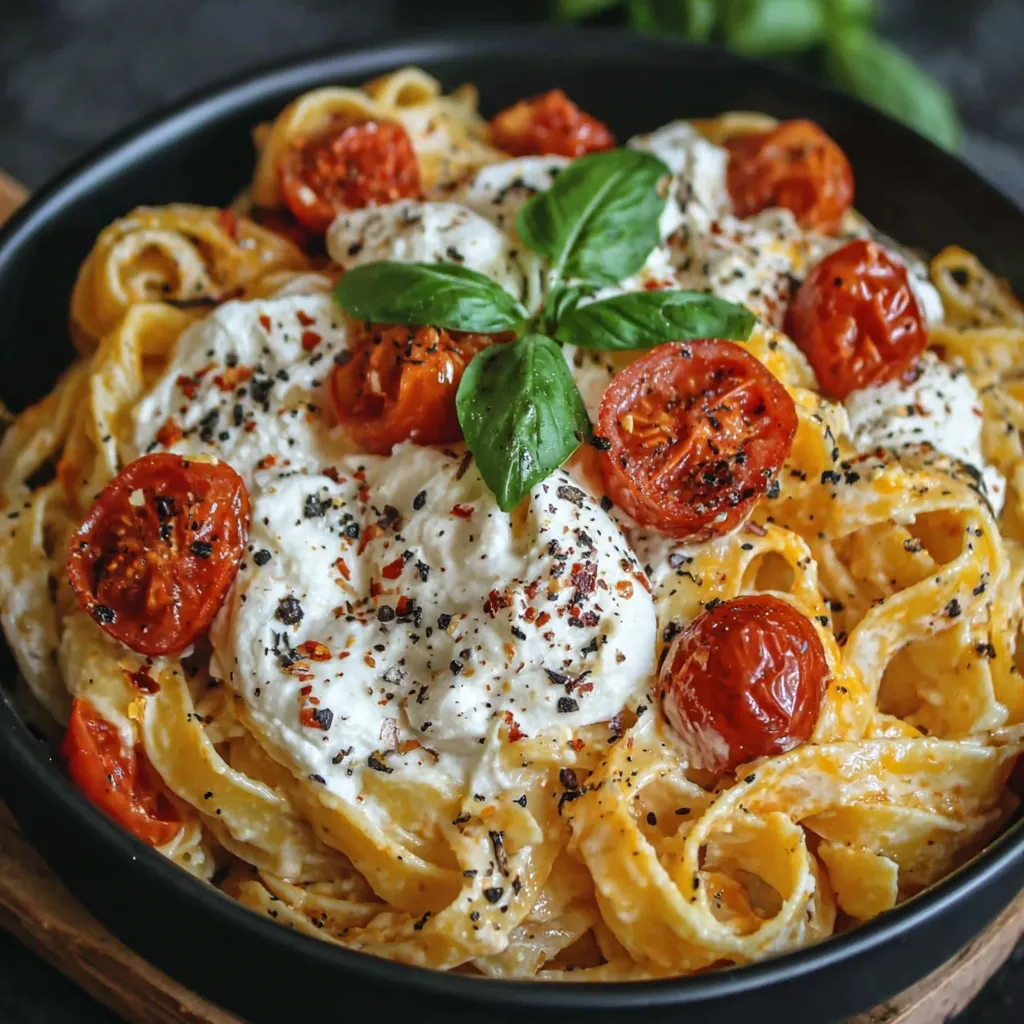 Einführung in die cremige Burrata-Pasta: Ein schwarzes Tellerchen mit einer cremigen Pasta, die mit Spinat und Tomaten garniert ist.