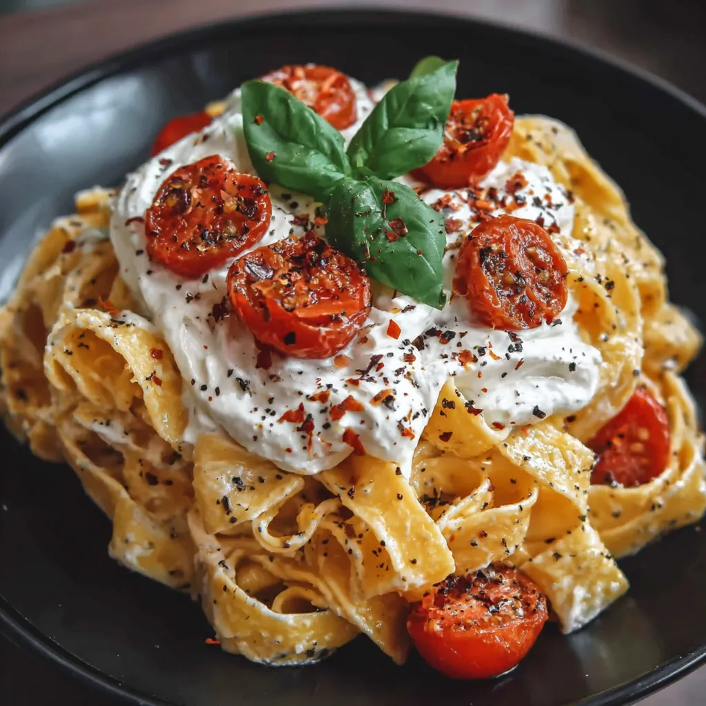 Einführung in die cremige Burrata-Pasta: Eine Schüssel mit Pasta, Tomaten, Basilikum und Käse.