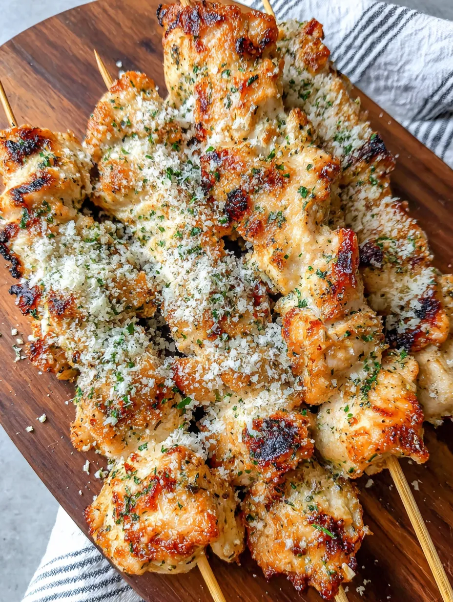 Eine Platte mit H&auml;hnchen-Spie&szlig;en, die mit Ranch-Knoblauch-Parmesan-Sauce zubereitet sind.