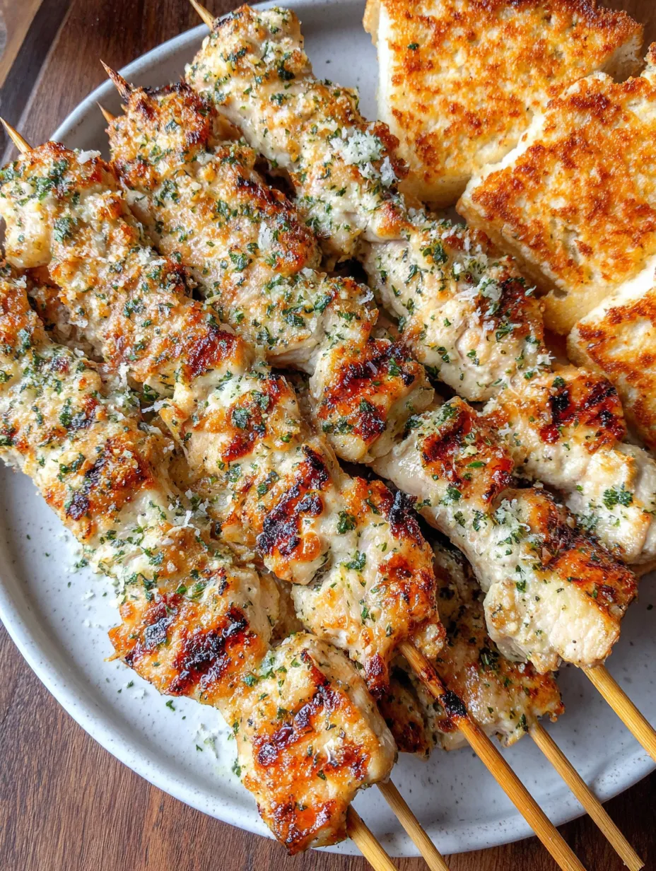 Eine Platte mit H&auml;hnchen-Spie&szlig;en, die mit Ranch-Knoblauch-Parmesan-Sauce garniert sind.