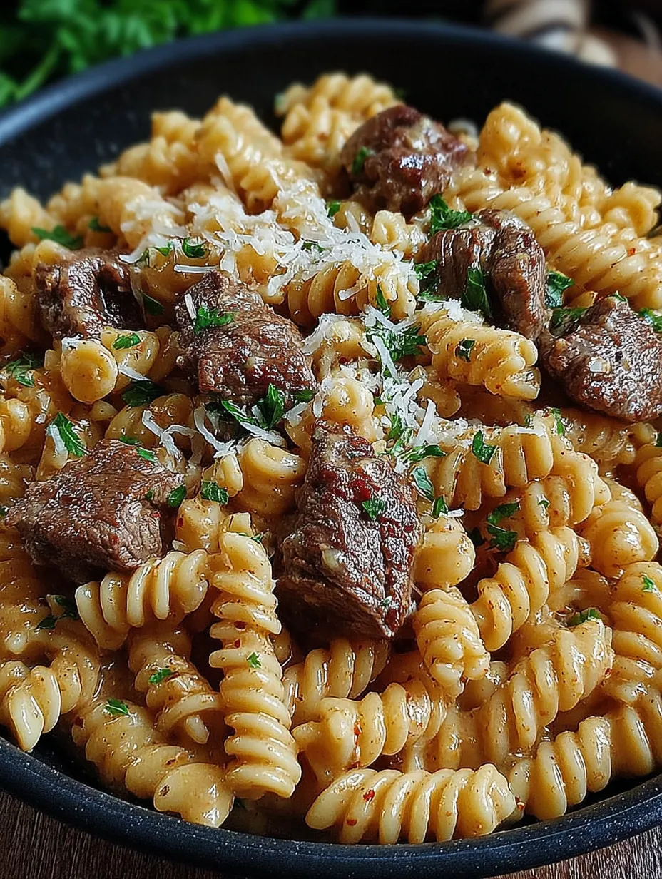 Ein Eintopf mit cremig-würzigem Knoblauchbutter-Steak und Pasta.