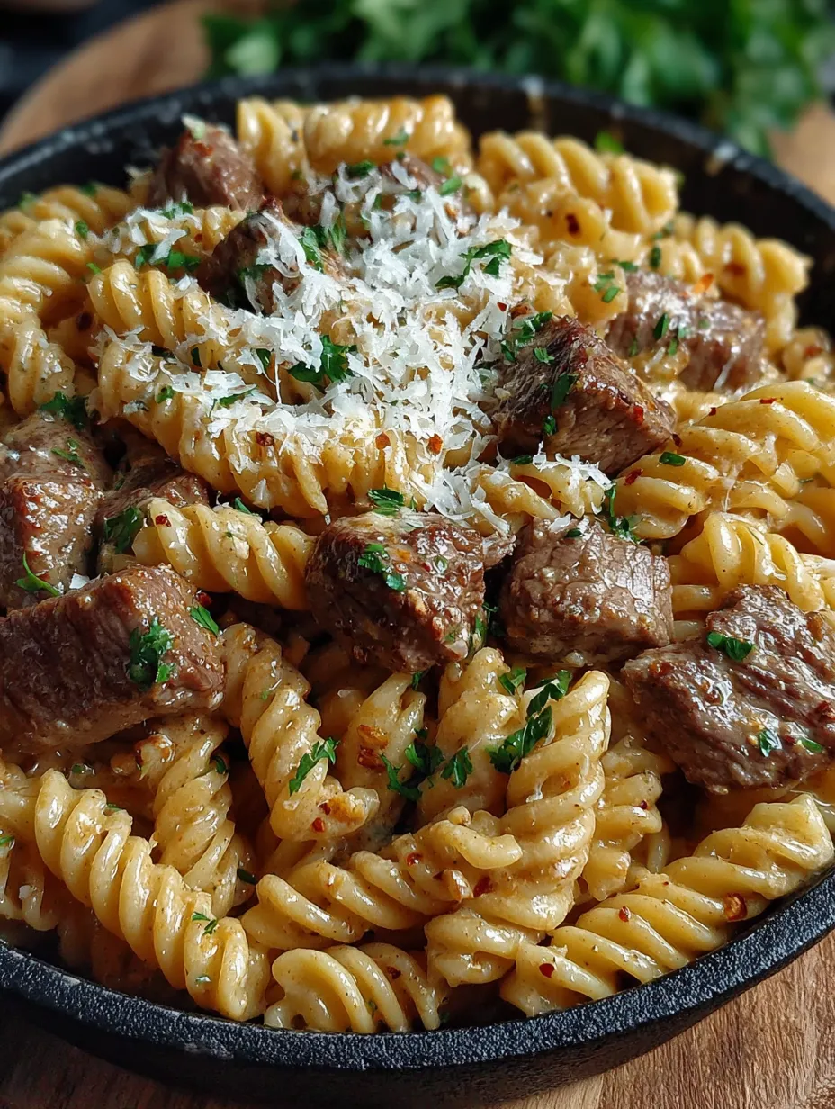 Ein Eintopf mit cremig-würzigem Knoblauchbutter-Steak und Pasta.