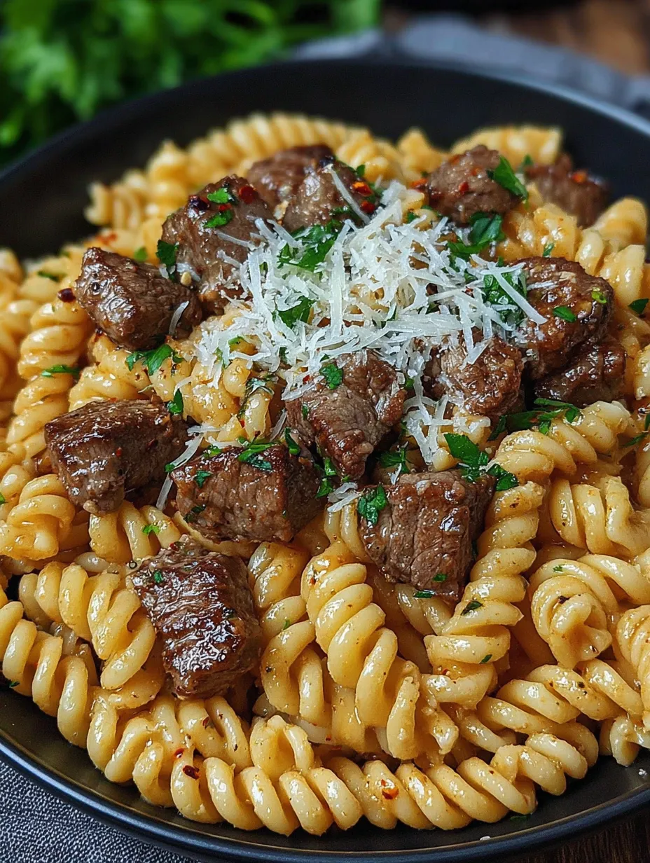 Ein Eintopf mit cremig-würzigem Knoblauchbutter-Steak und Pasta.