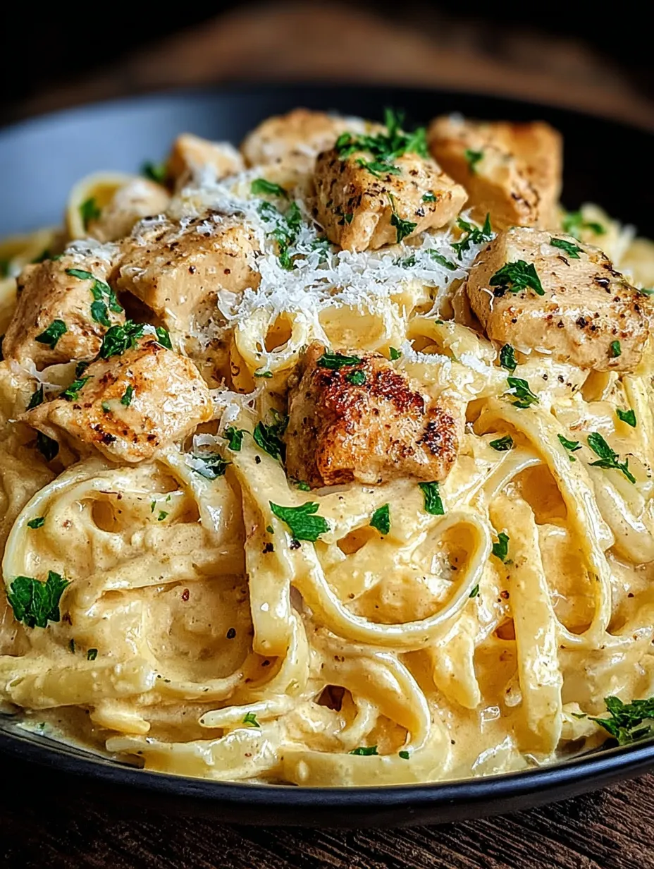 Ein Bild von einer Pasta-Gerichte, die mit Chicken und Butter zubereitet wurde.