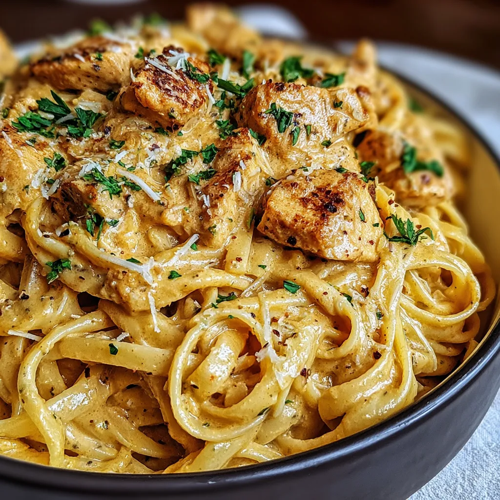 Ein Bild von einer Schüssel mit Cowboy Butter Chicken Linguine, die mit Parmesan und Zwiebeln garniert ist.