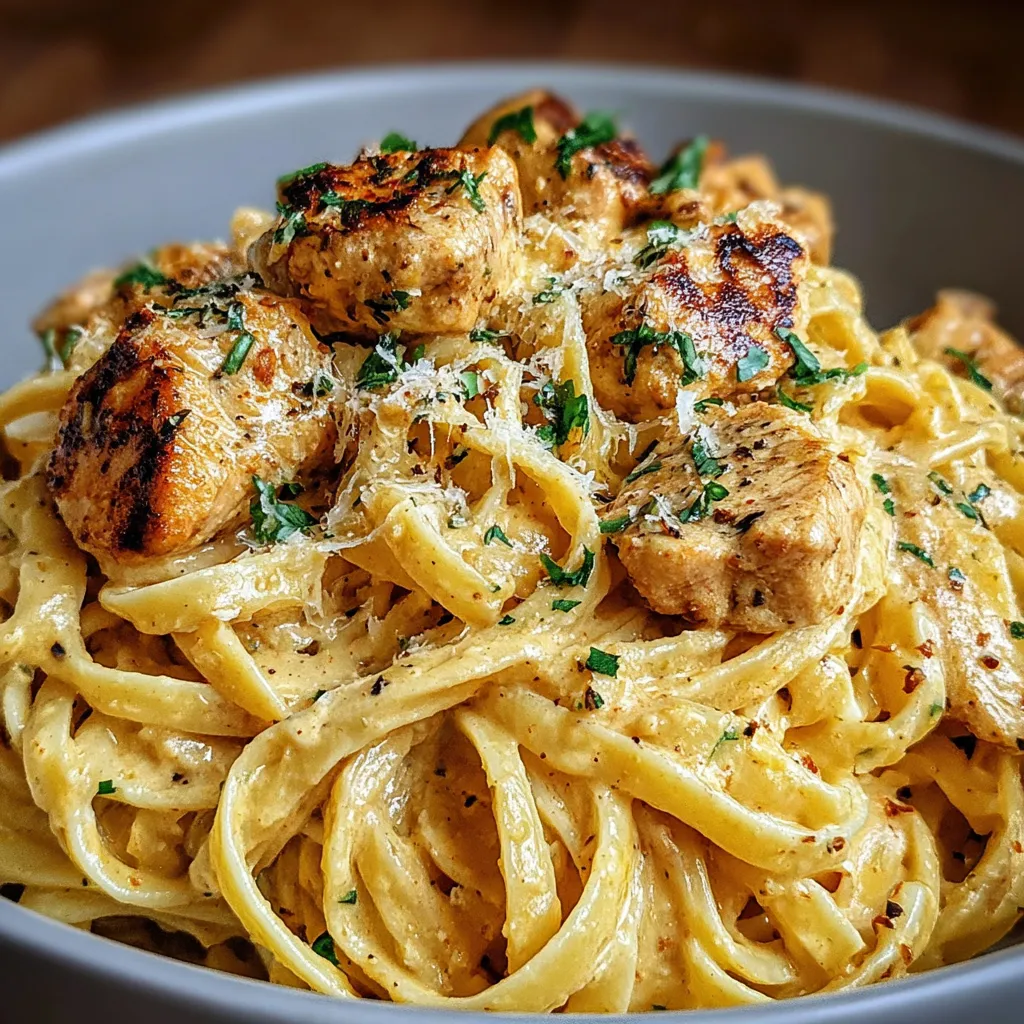Ein Bild von einer Schüssel mit Pasta, Chicken und Zwiebeln.