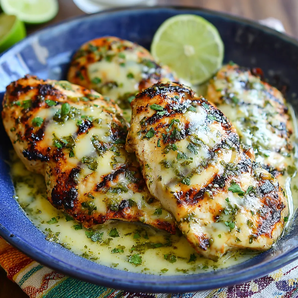 Ein Plate mit grilled Salsa Verde Pepper Jack Chicken.