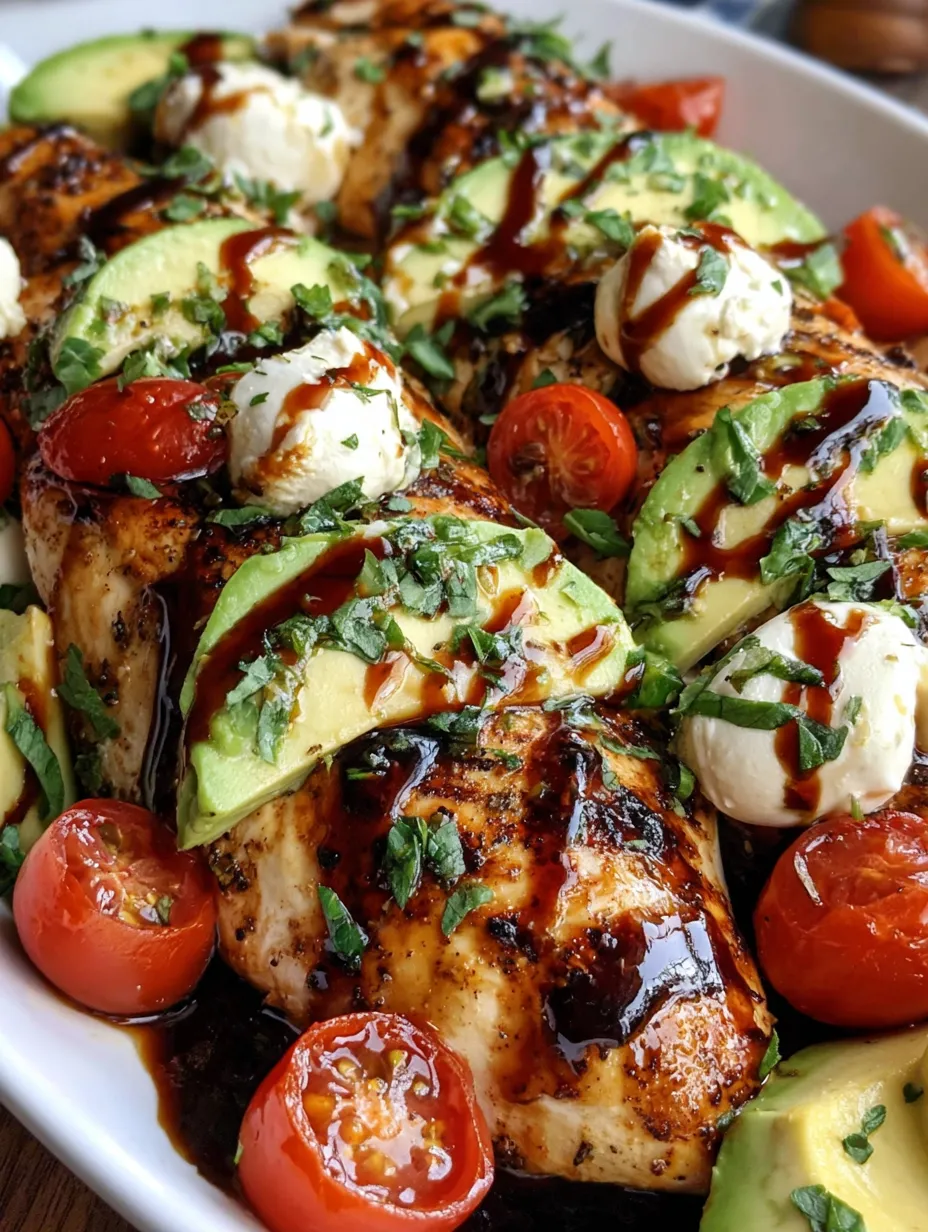 Ein Bild von gegrilltem Kalifornisches Avocado-Hähnchen, das mit Tomaten, Basilikum und Käse garniert ist.