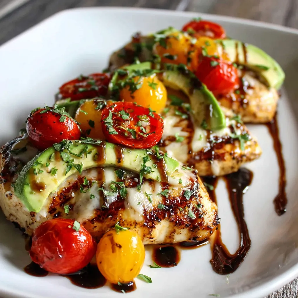 Ein gegrilltes Hähnchen mit Avocado und Tomaten auf einem weißen Teller.