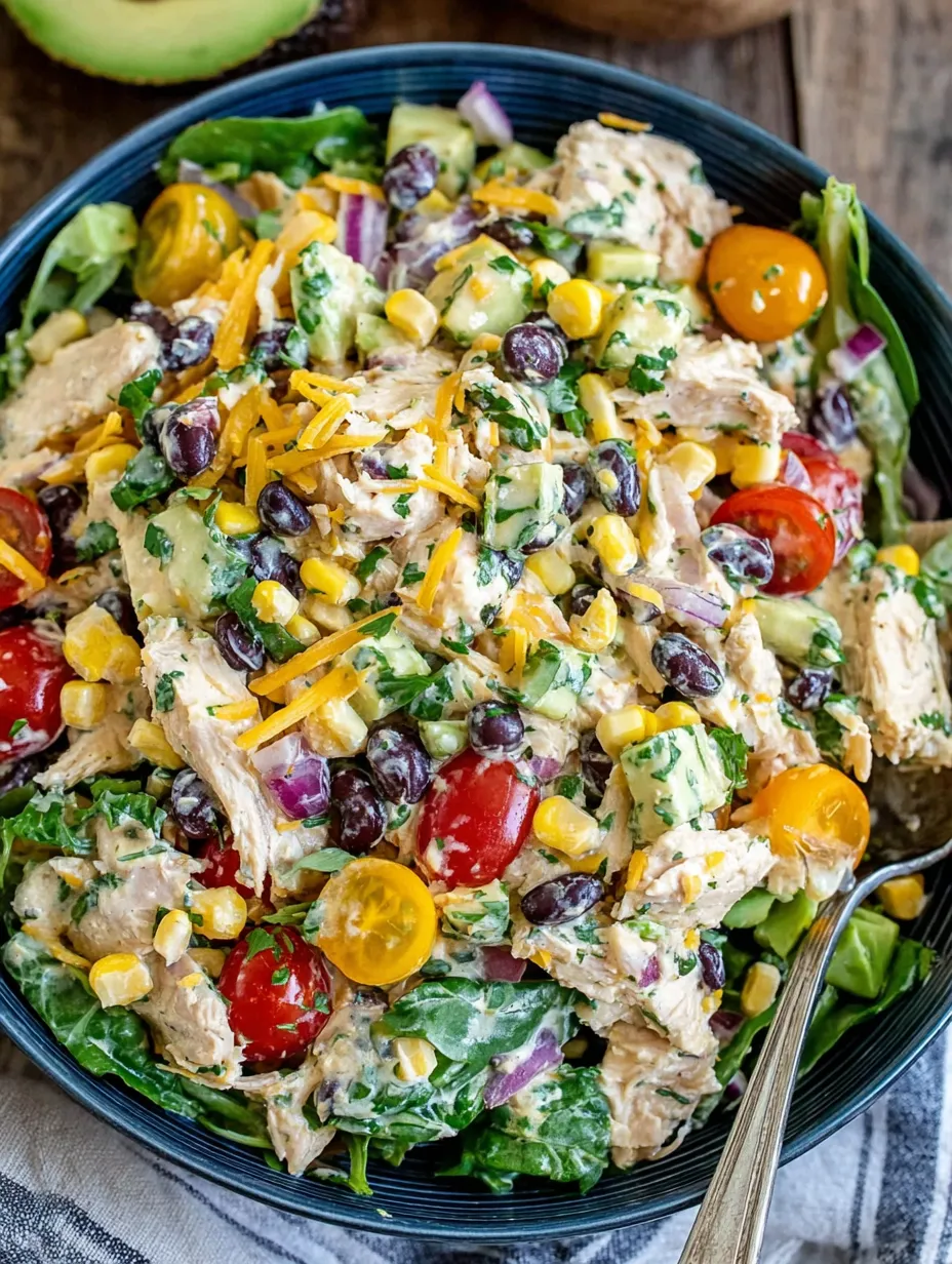 Ein Bild von einem pikanten Hühnersalat, der aus verschiedenen Zutaten wie Tomaten, Kartoffeln, Avocado, Gurken, Koriander und Hühnchen besteht.