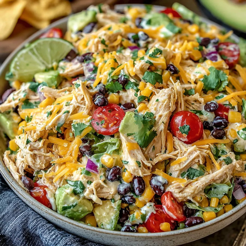 Ein großes, leckeres Hühnersalat mit vielen Zutaten wie Tomaten, Avocado, Kartoffeln, Linsen, Paprika, Zwiebeln und Knoblauch.
