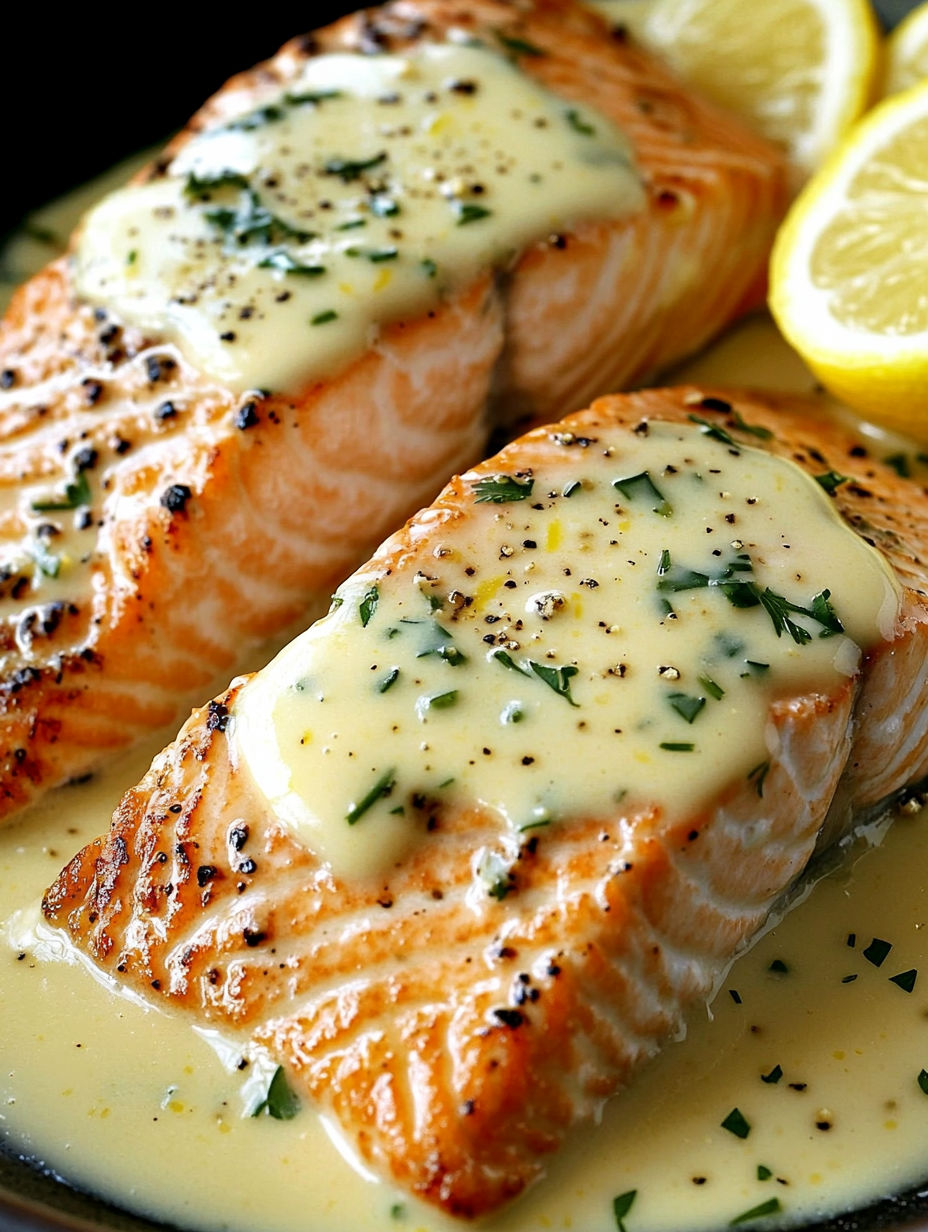 A piece of fish with sauce on it.