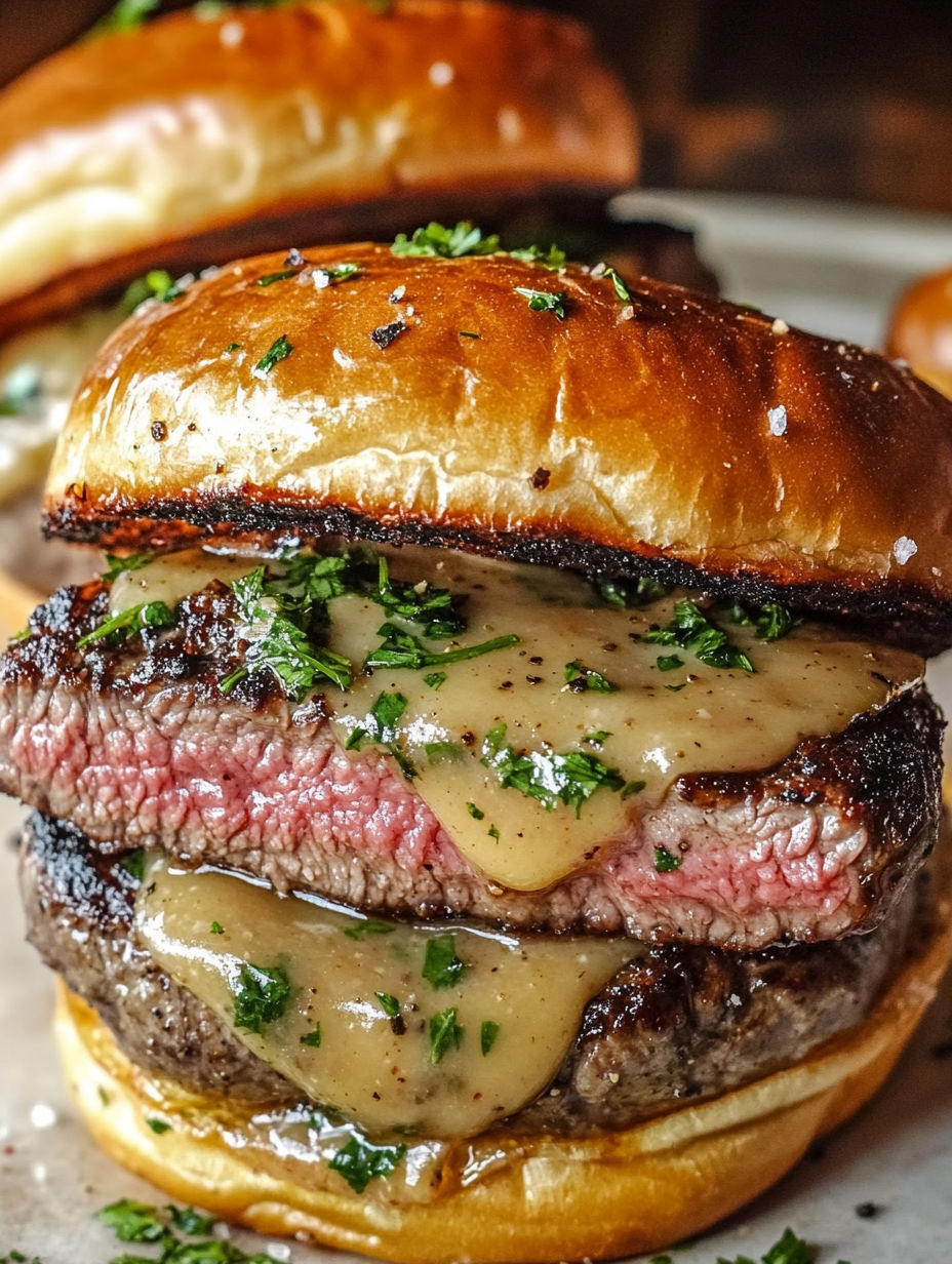 A close up of a hamburger with cheese and sauce.