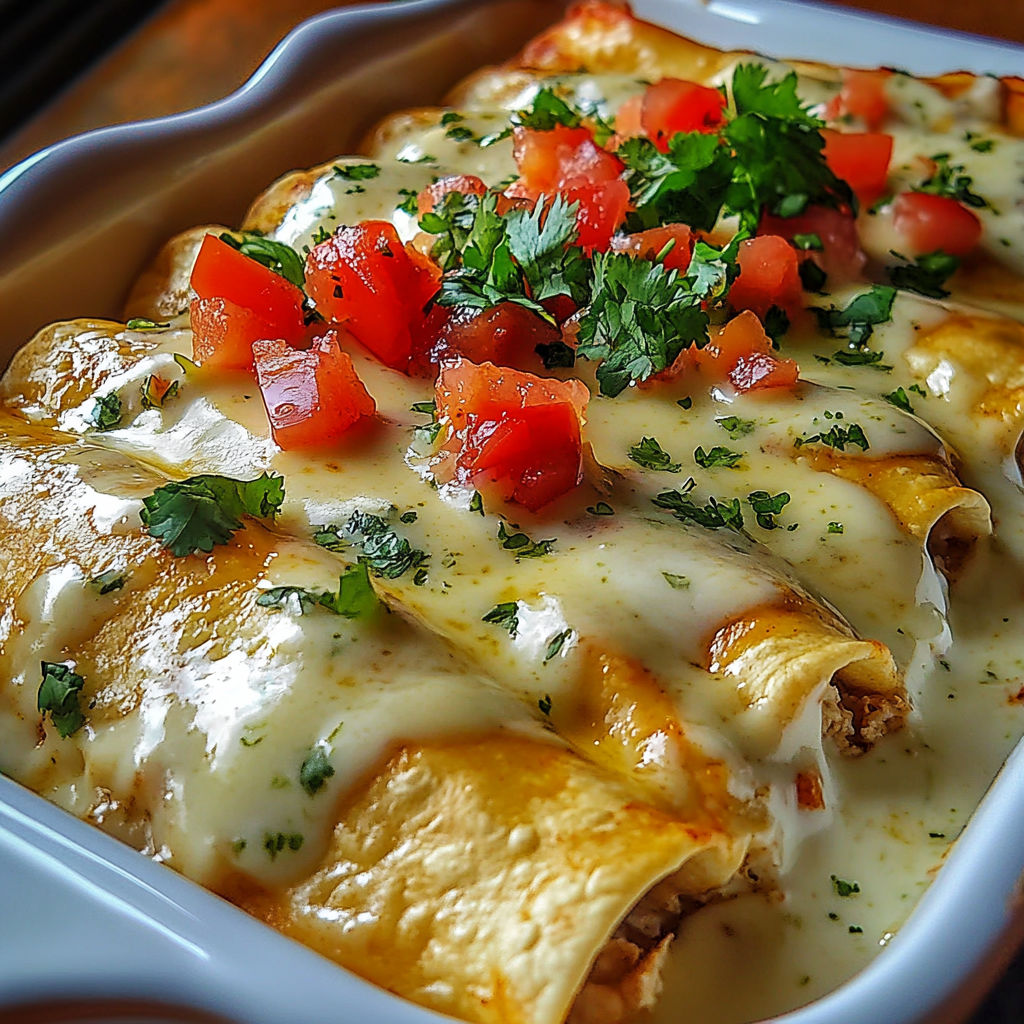 Chicken enchiladas with sour cream white sauce.