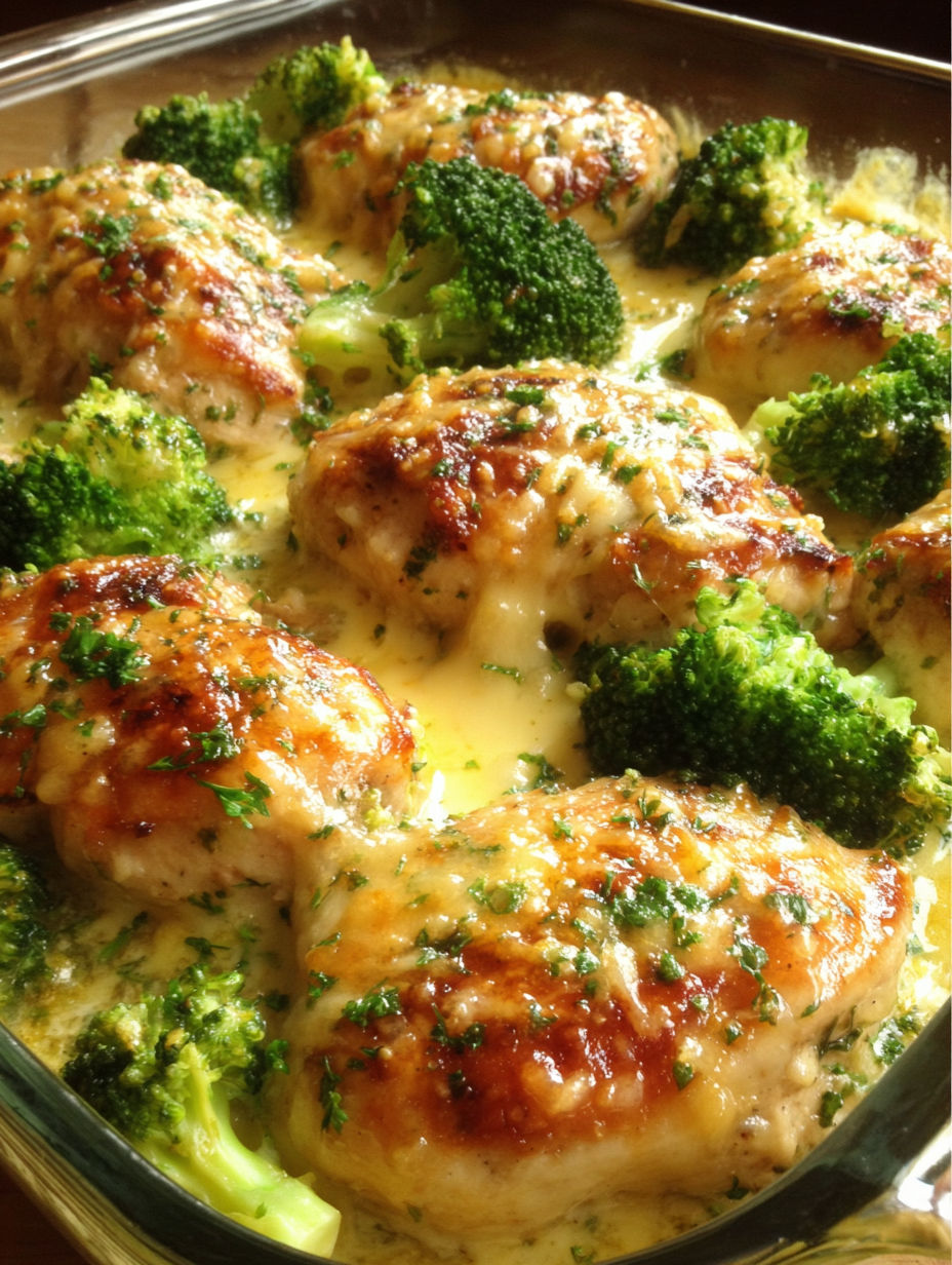 A dish of chicken with broccoli and cheese.