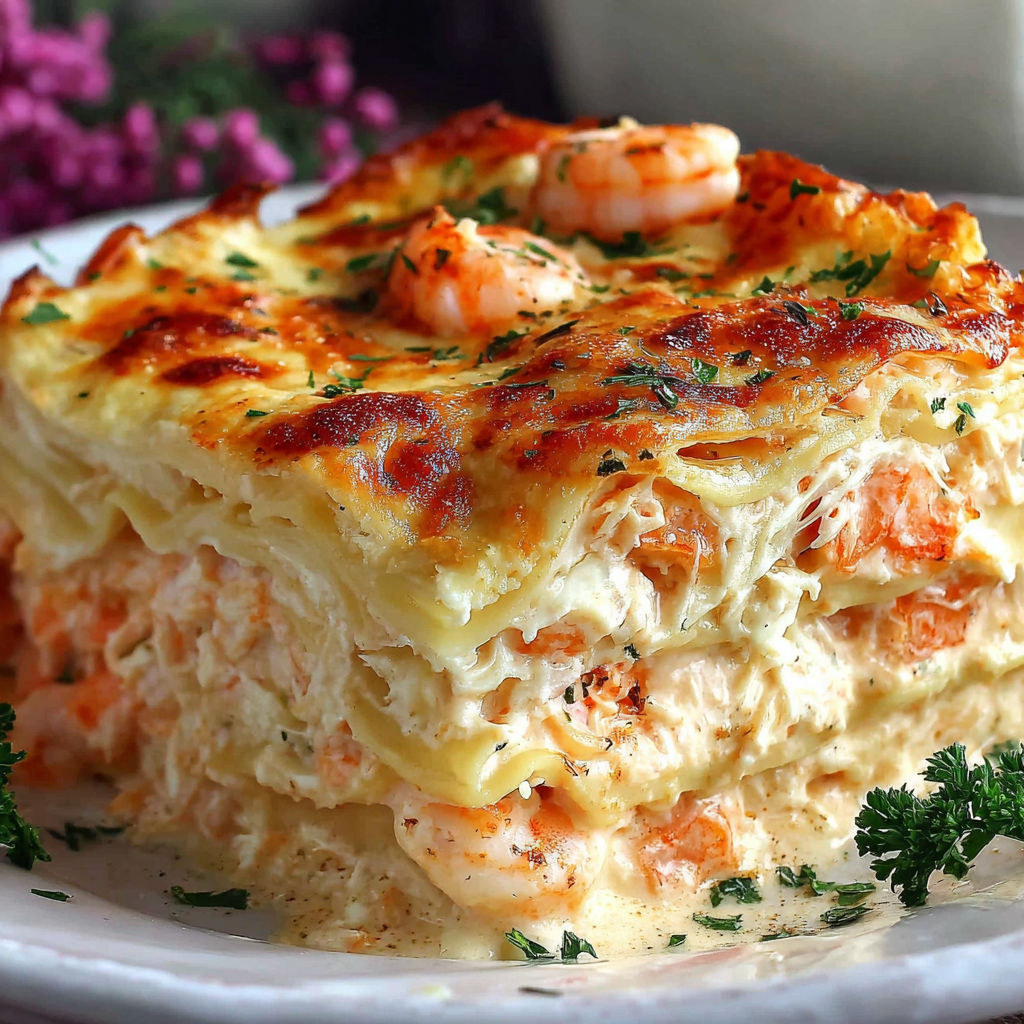 A seafood lasagna with shrimp and crab.