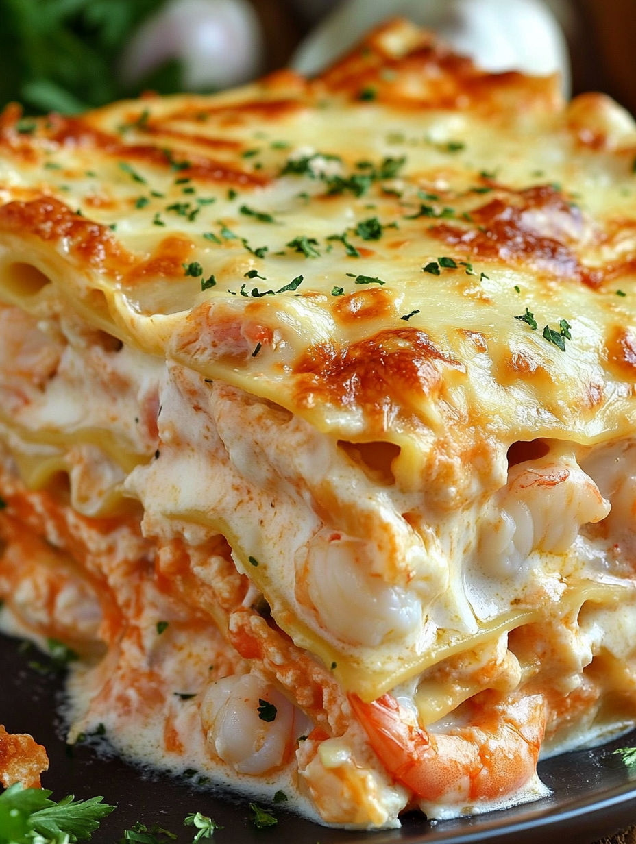A close up of a lasagna dish with cheese and herbs.