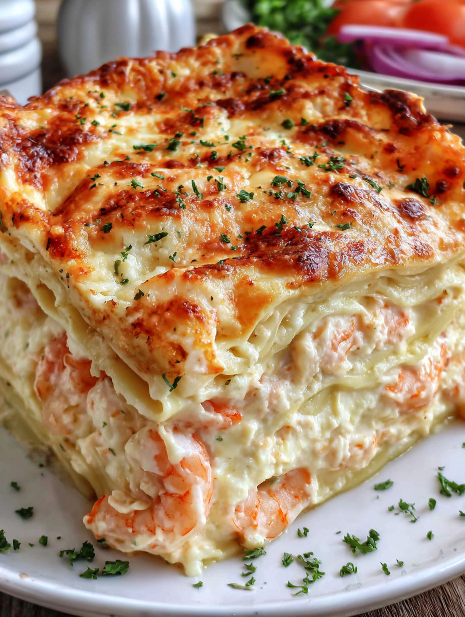 A large piece of food with a lot of cheese and shrimp.