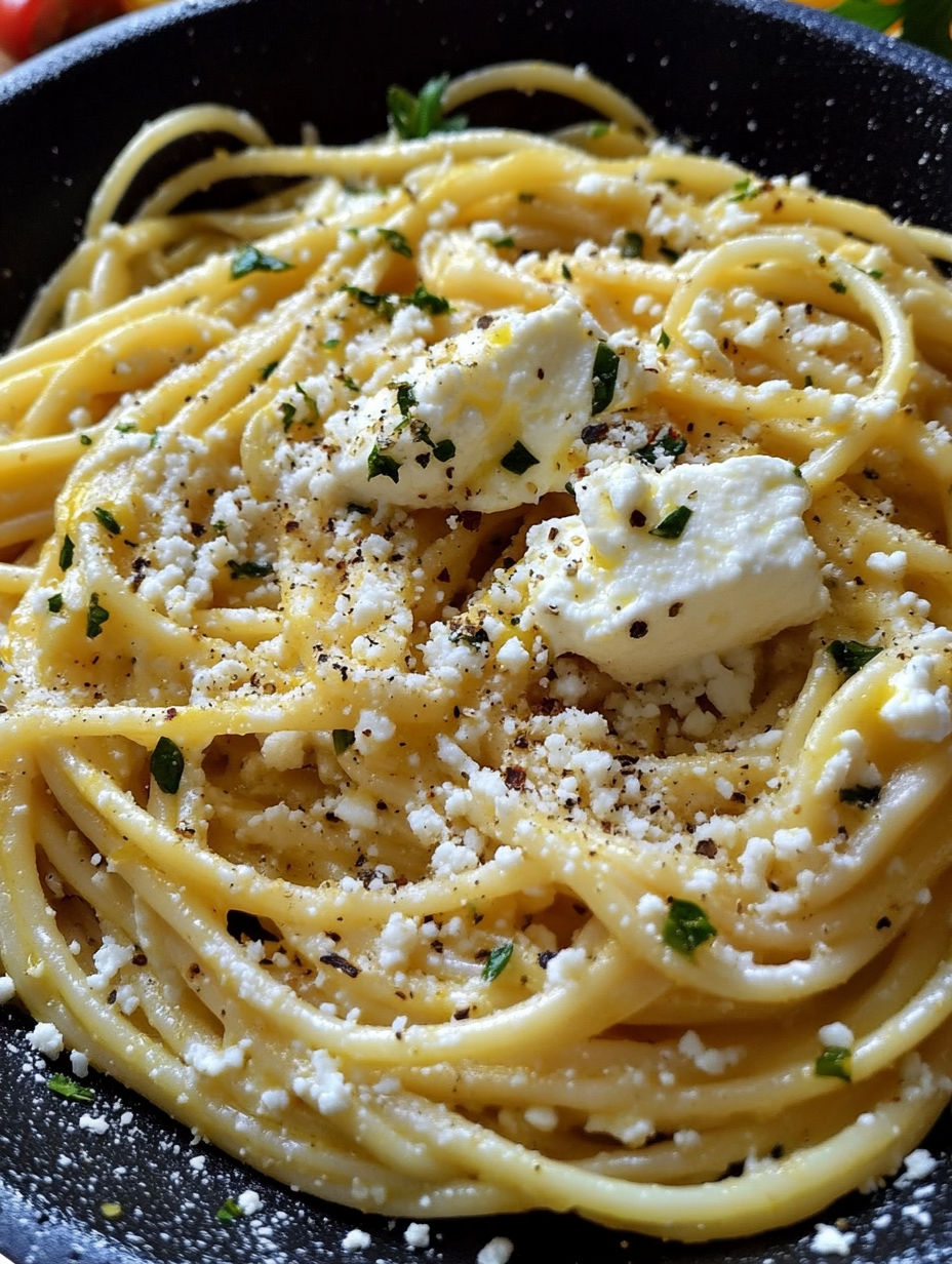 A bowl of pasta with cheese and herbs.