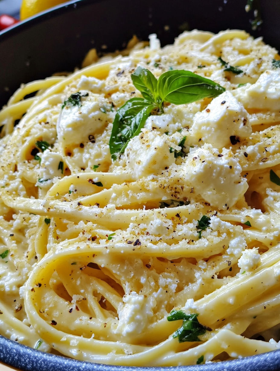 A bowl of pasta with cheese and herbs.