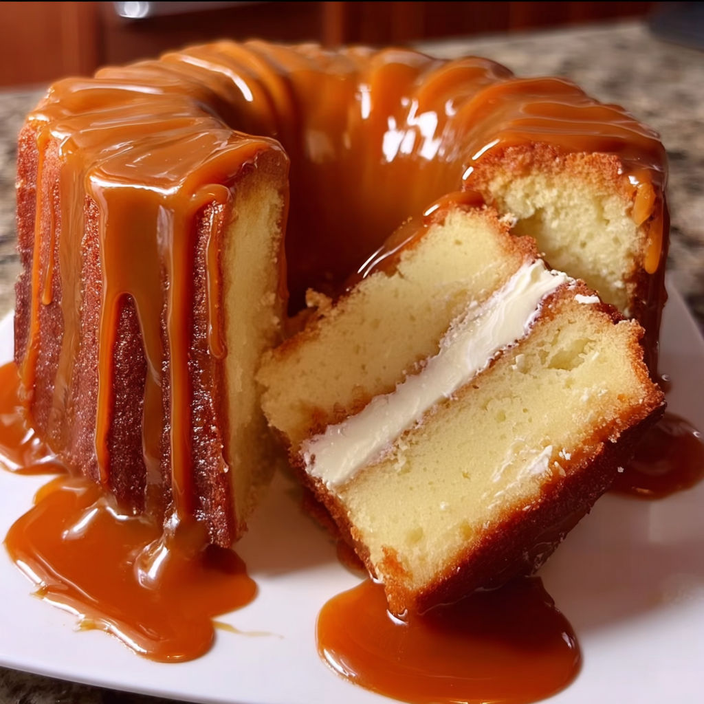 A slice of salted caramel pound cake.