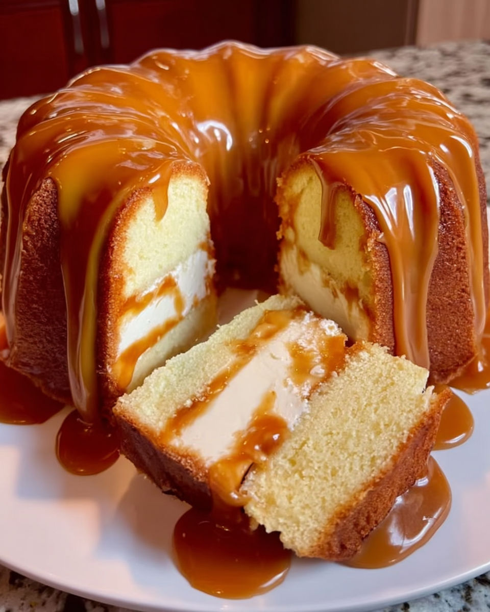 A cake with caramel sauce on top.
