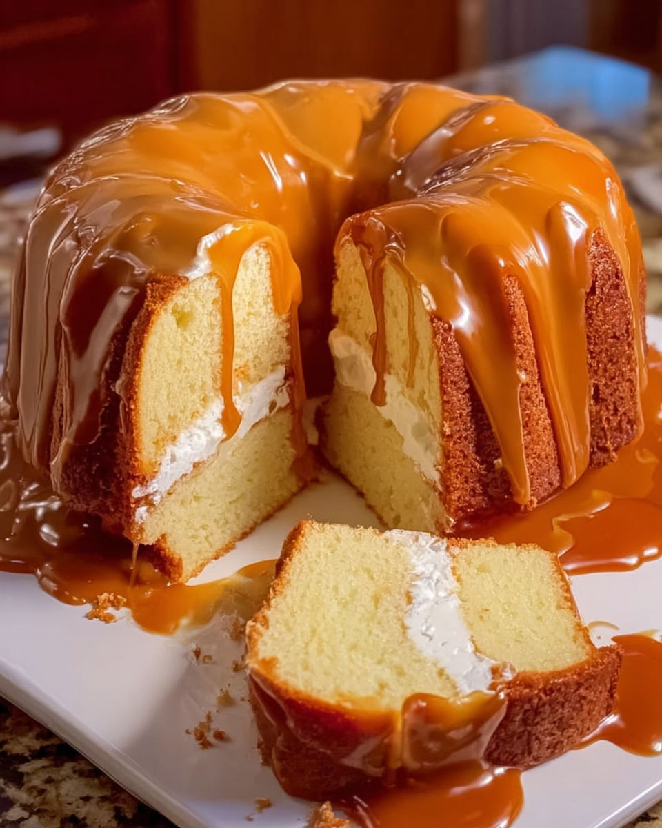A cake with caramel drizzle on it.