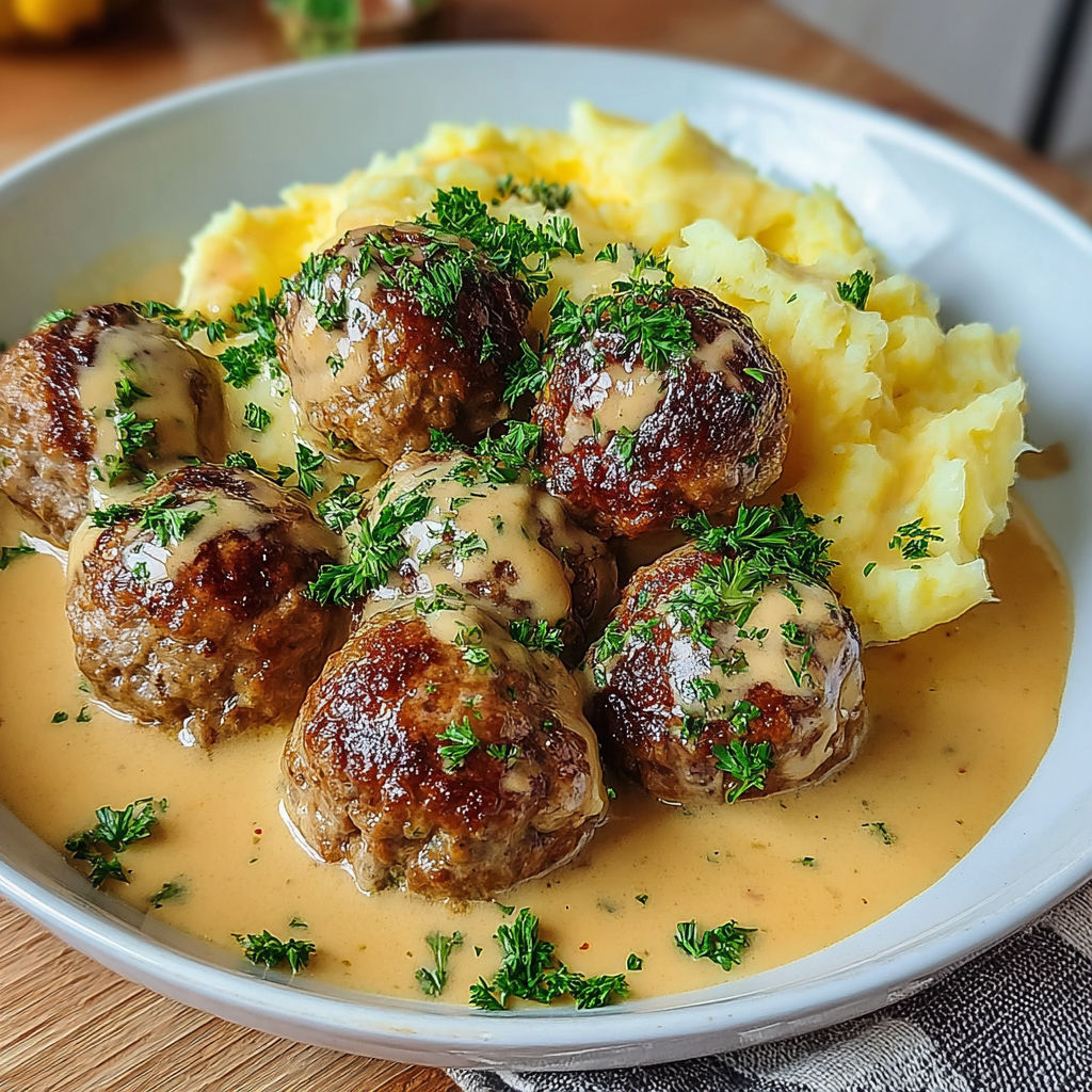 A plate of meatballs in a creamy sauce with mashed potatoes.