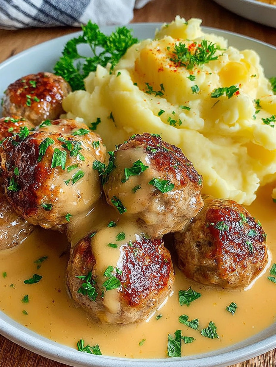 A plate of meatballs in a creamy sauce with mashed potatoes.