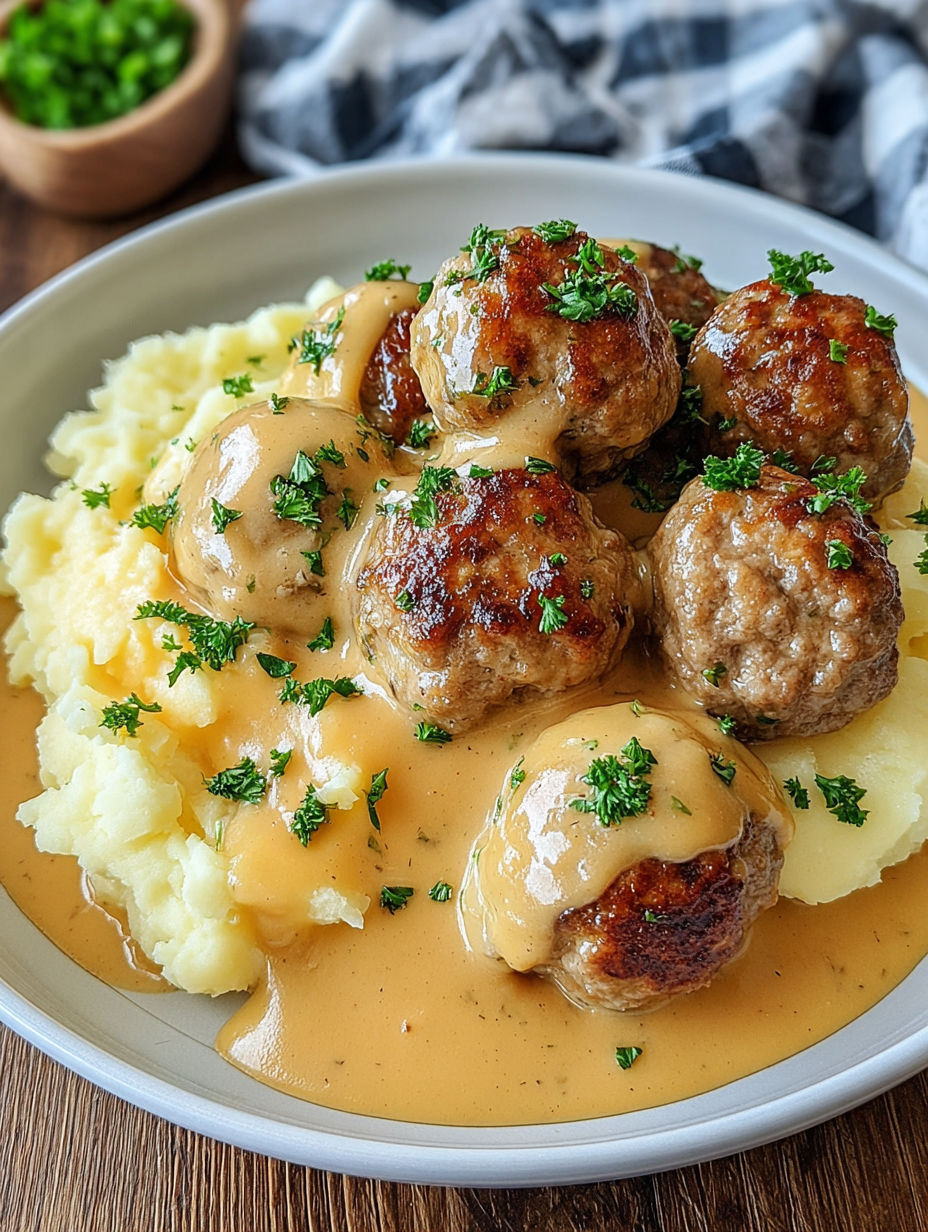A plate of food with meatballs in a creamy sauce and mashed potatoes.