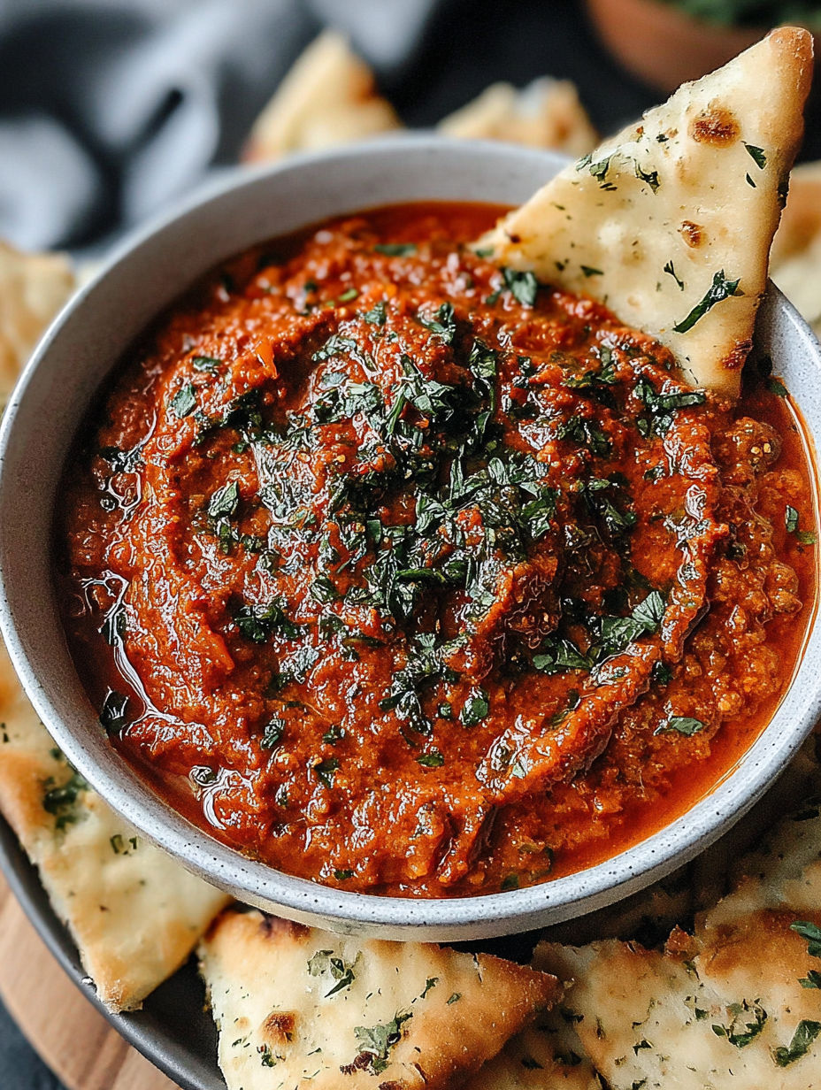 A bowl of Zaalouk dip with a spoon.