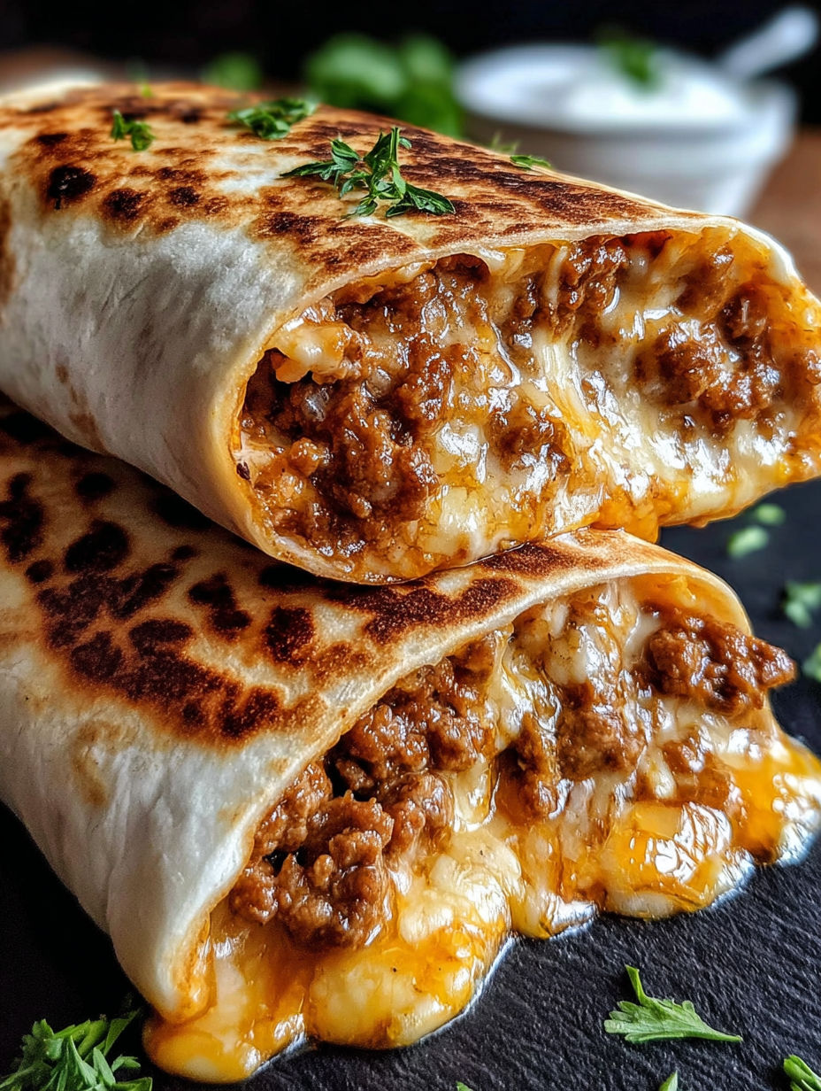A burrito with cheese and meat on it.