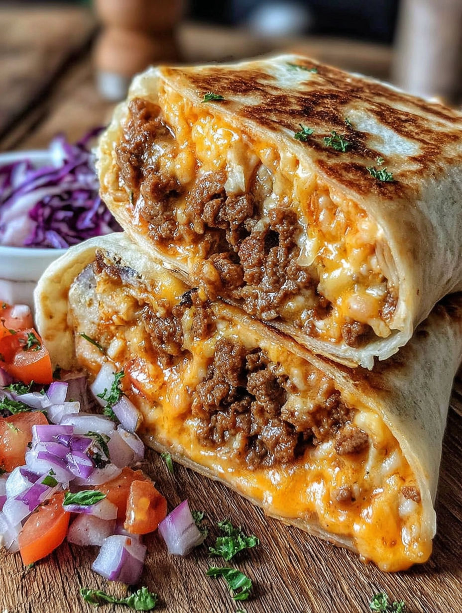 A burrito with cheese and meat on top.