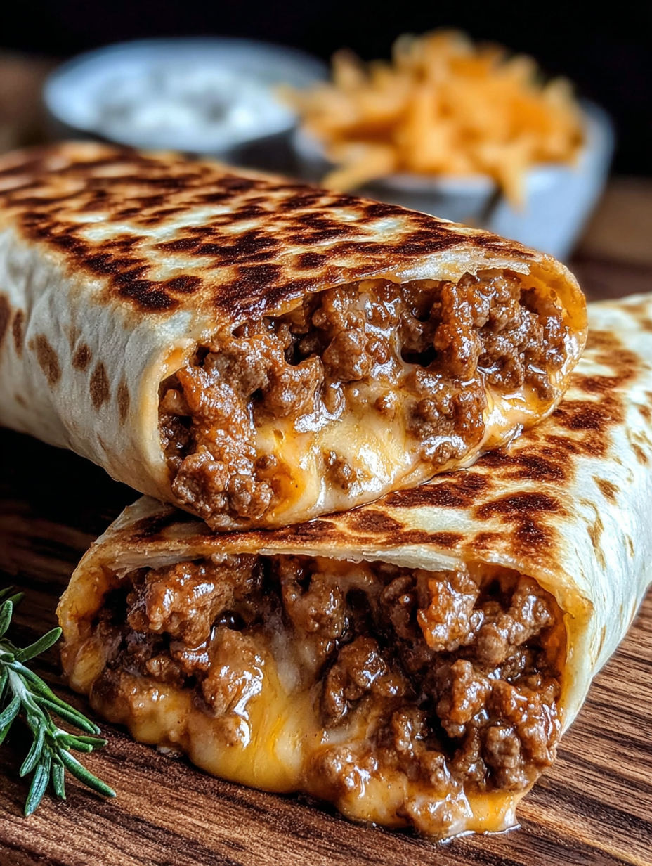 A burrito with meat and cheese on a table.